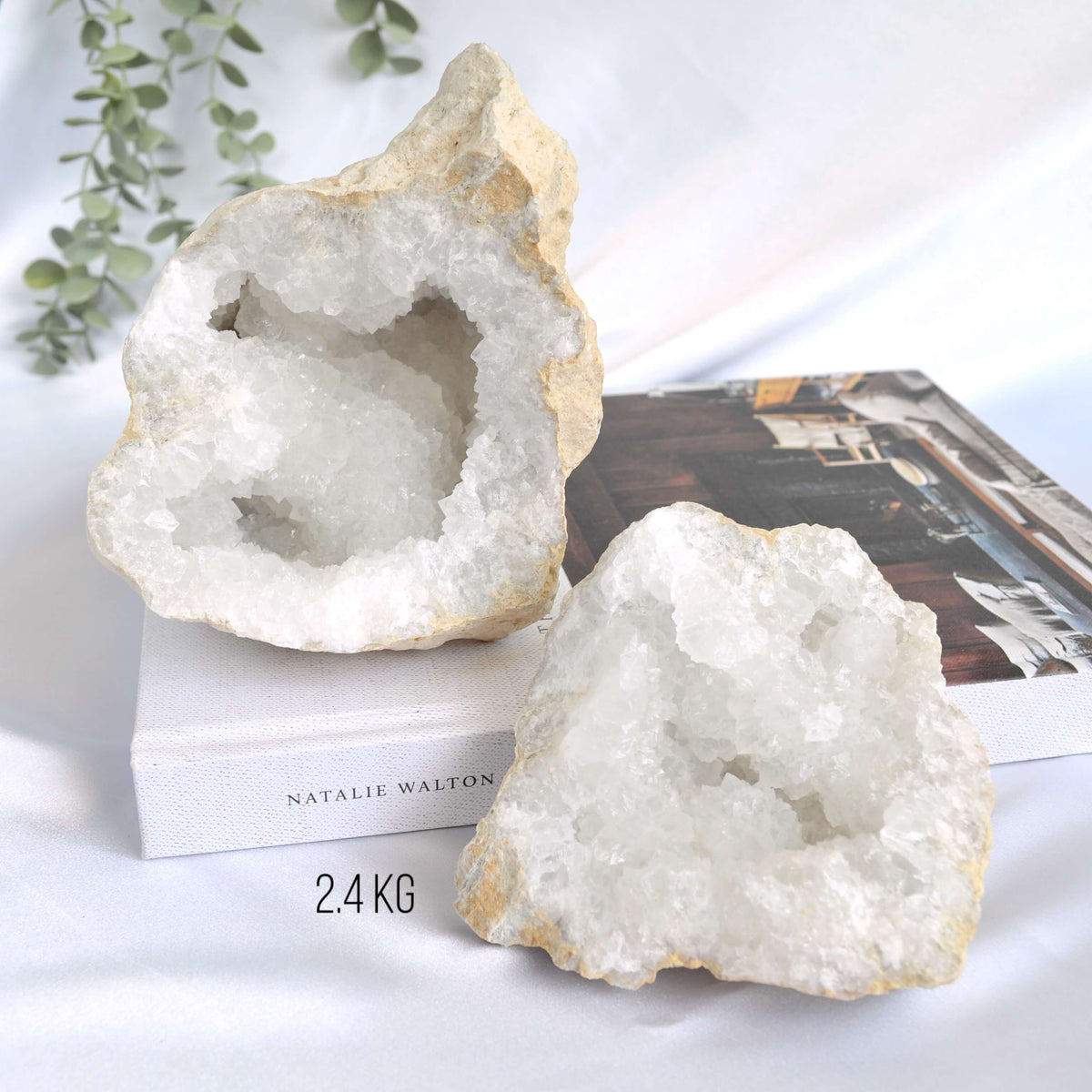 Two large crystal geodes on a white surface with a book and plant in the background.