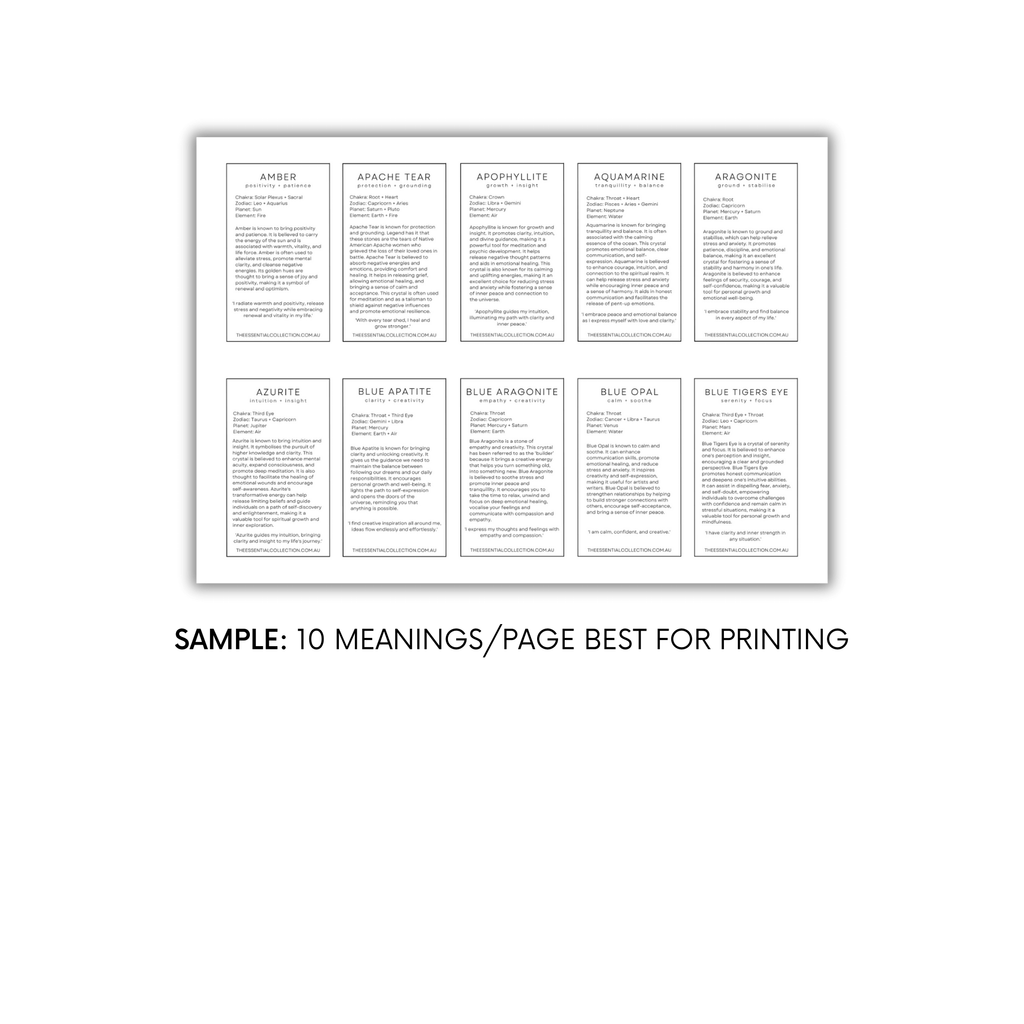 50 Crystal Meaning Cards Printable Digital Download The Essential