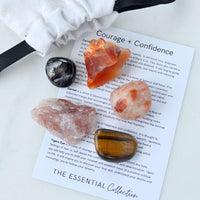 confidence building crystals, garnet, carnelian, fire quartz, sunstone, tigers eye
