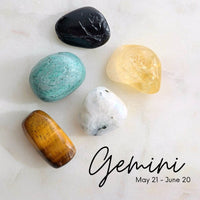 gemini star sign crystals black tourmaline chrysocolla citrine tigers eye rainbow moonstone