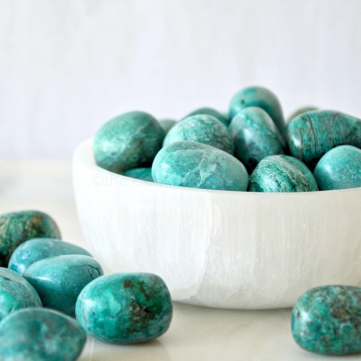 chrysocolla tumbled crystals deep turquoise colour from Peru in white selenite dish with white background sold by the essential collection australia