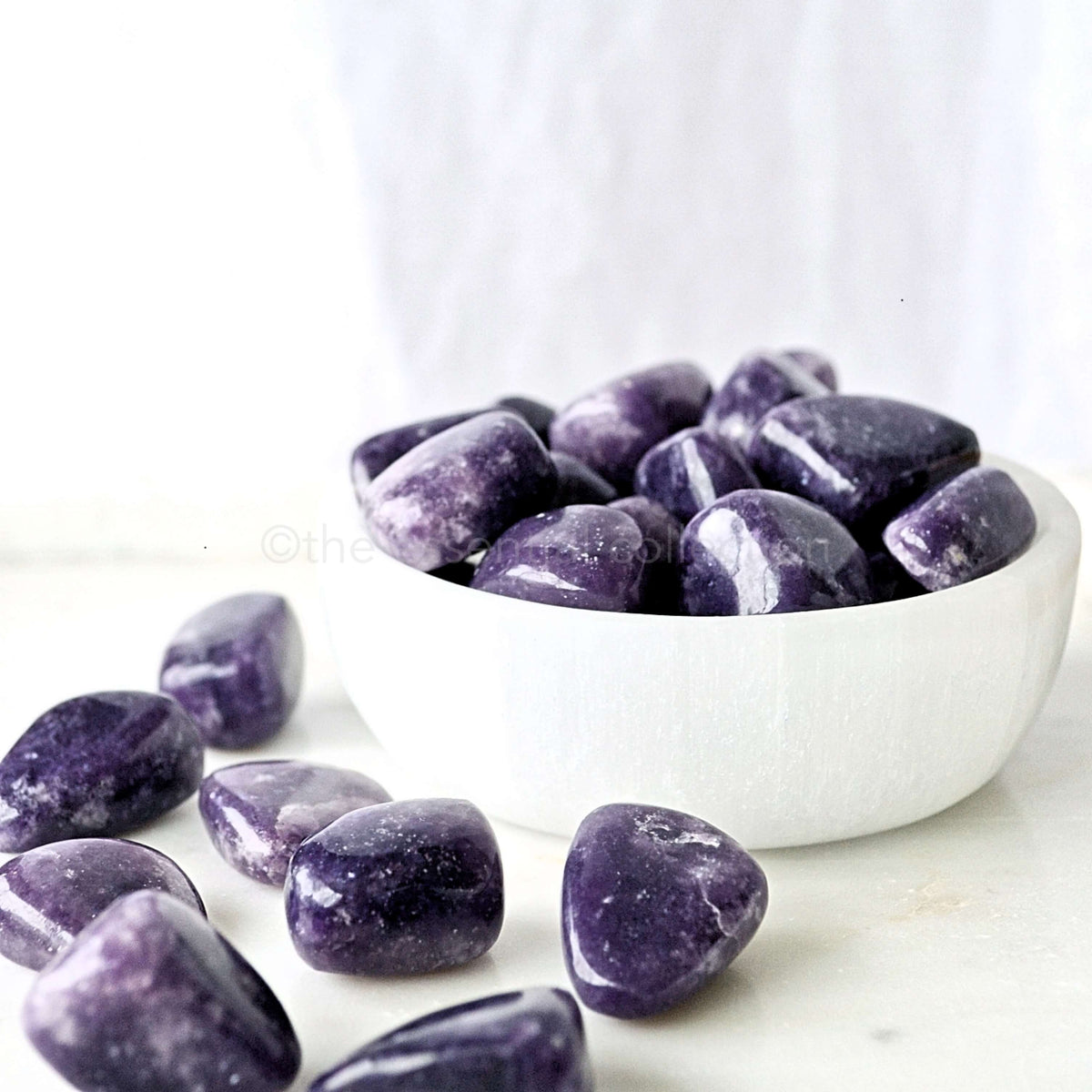 lepidolite crystals white selenite bowl white background