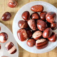 red snakeskin jasper tumbled crystals in white selenite bowl