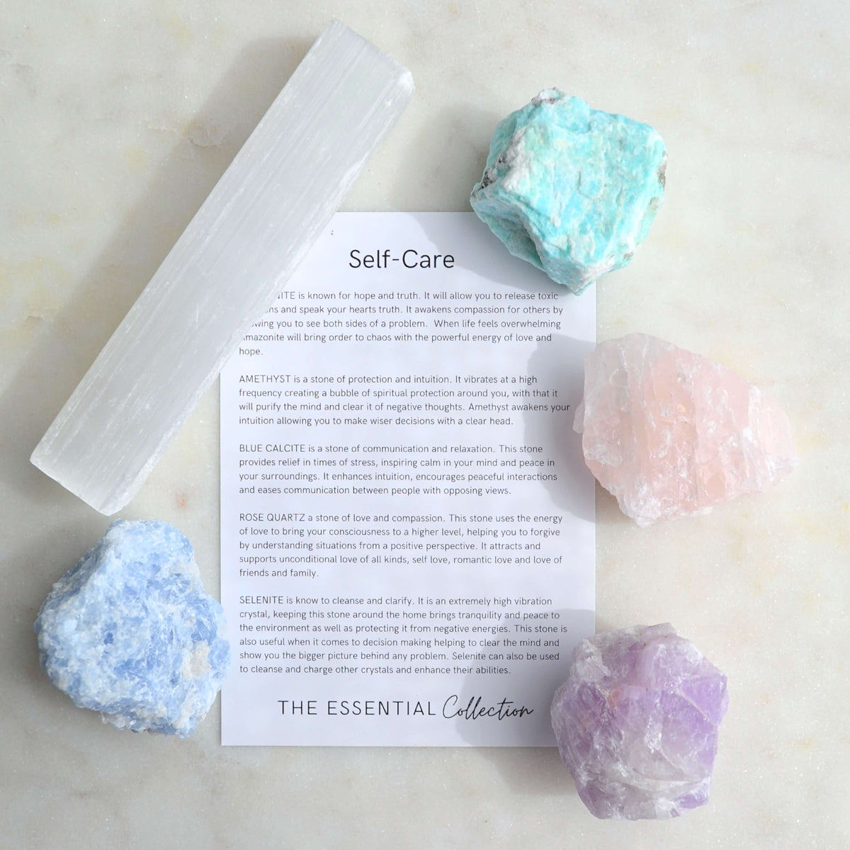 self care kit raw selenite rose quartz amethyst blue calcite amazonite