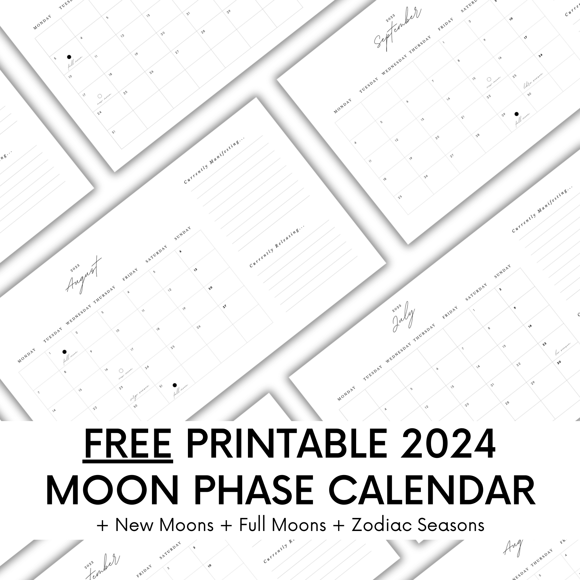 Free 2024 Moon Phase Calendar Printable Digital Download The