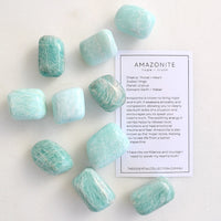 amazonite tumbled crystals shown with free crystal meaning downloadable card
