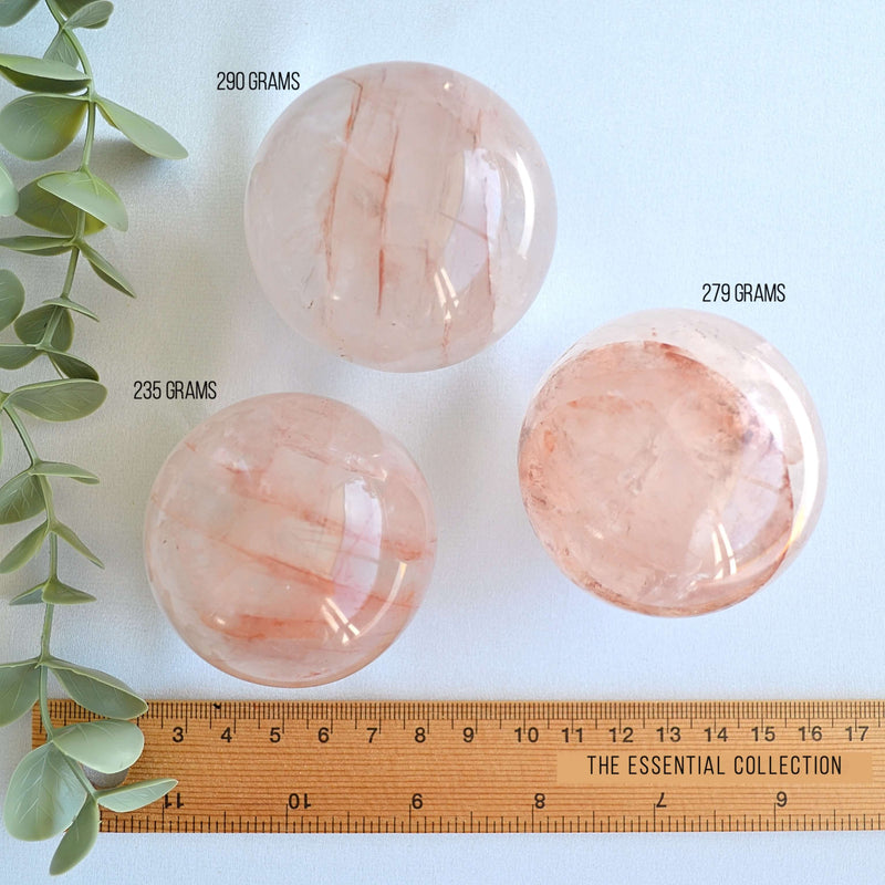 fire quartz spheres by ruler showing size