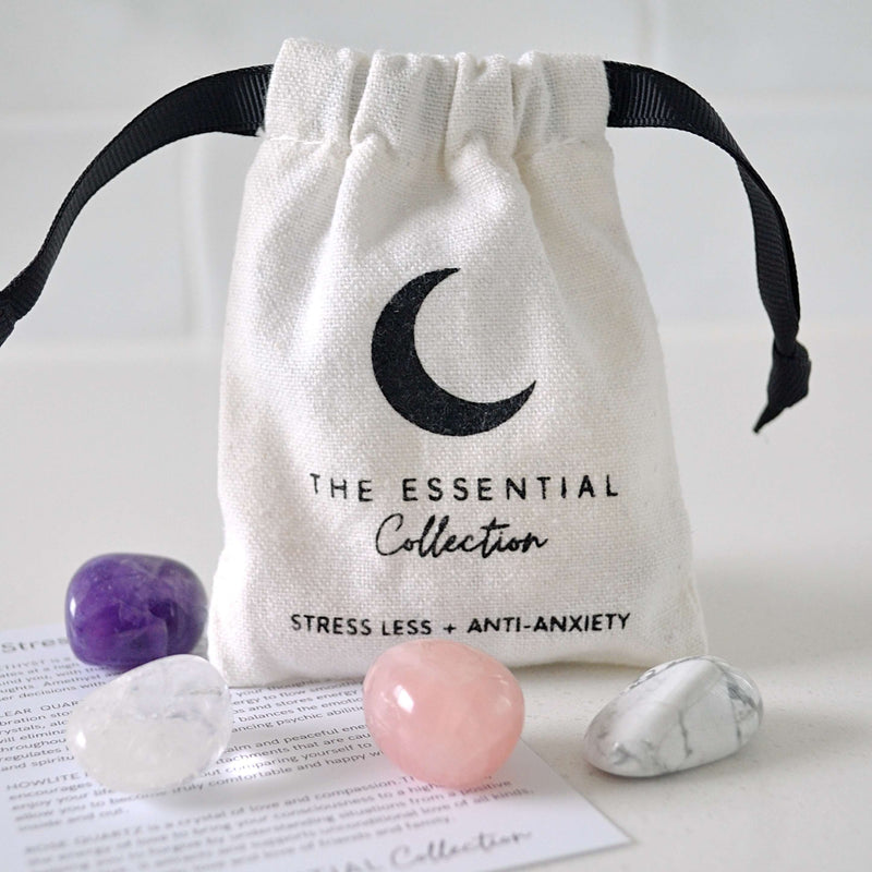 best crystals for stress, this crystal kit is a great gift for your spiritual crystal loving friend, contains amethyst, clear quartz, rose quartz, howlite.