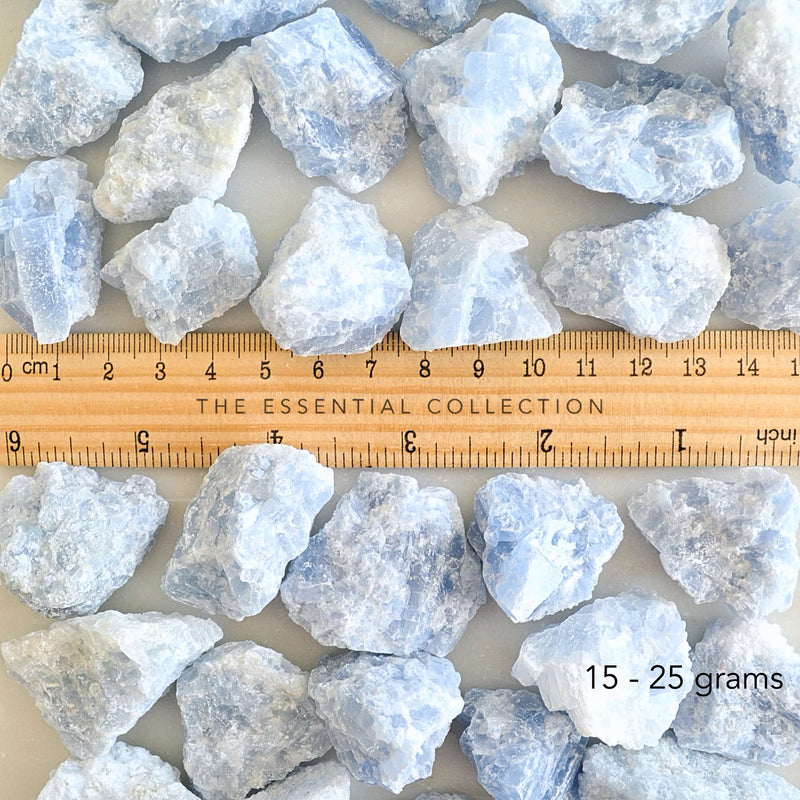 small raw rough blue calcite with ruler