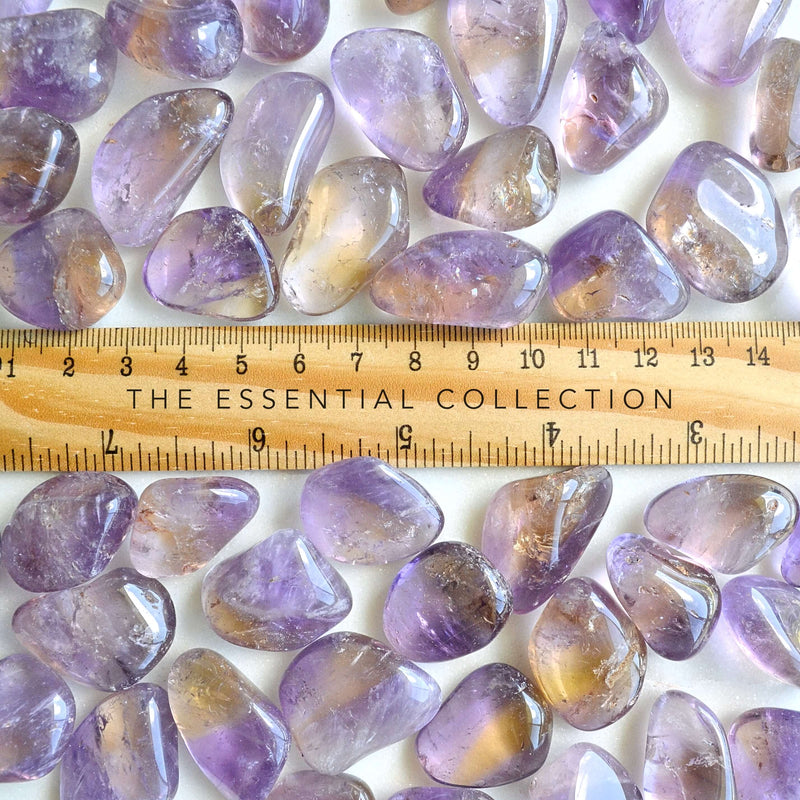 ametrine tumbled crystals with ruler