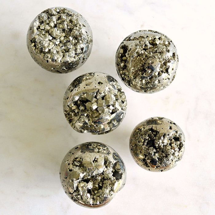pyrite spheres flat lay