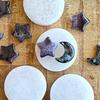 mini selenite plate with amethyst stars and larvikite crescent moons