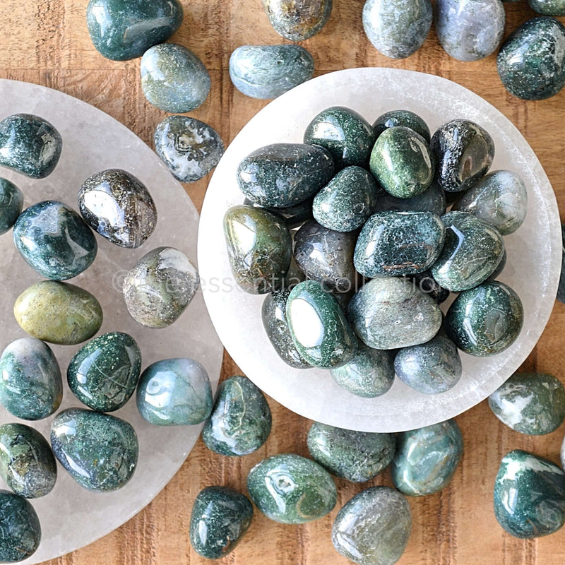 moss agate gemstone crystals green in white selenite bowl and charger plate the essential collection