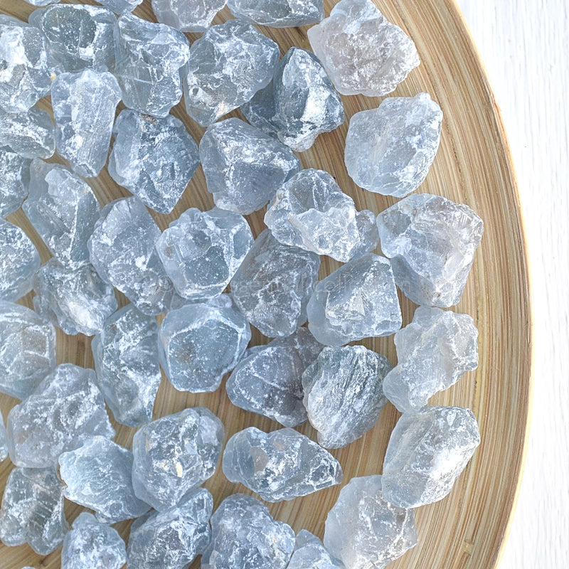 Celestite raw crystals in wood bowl