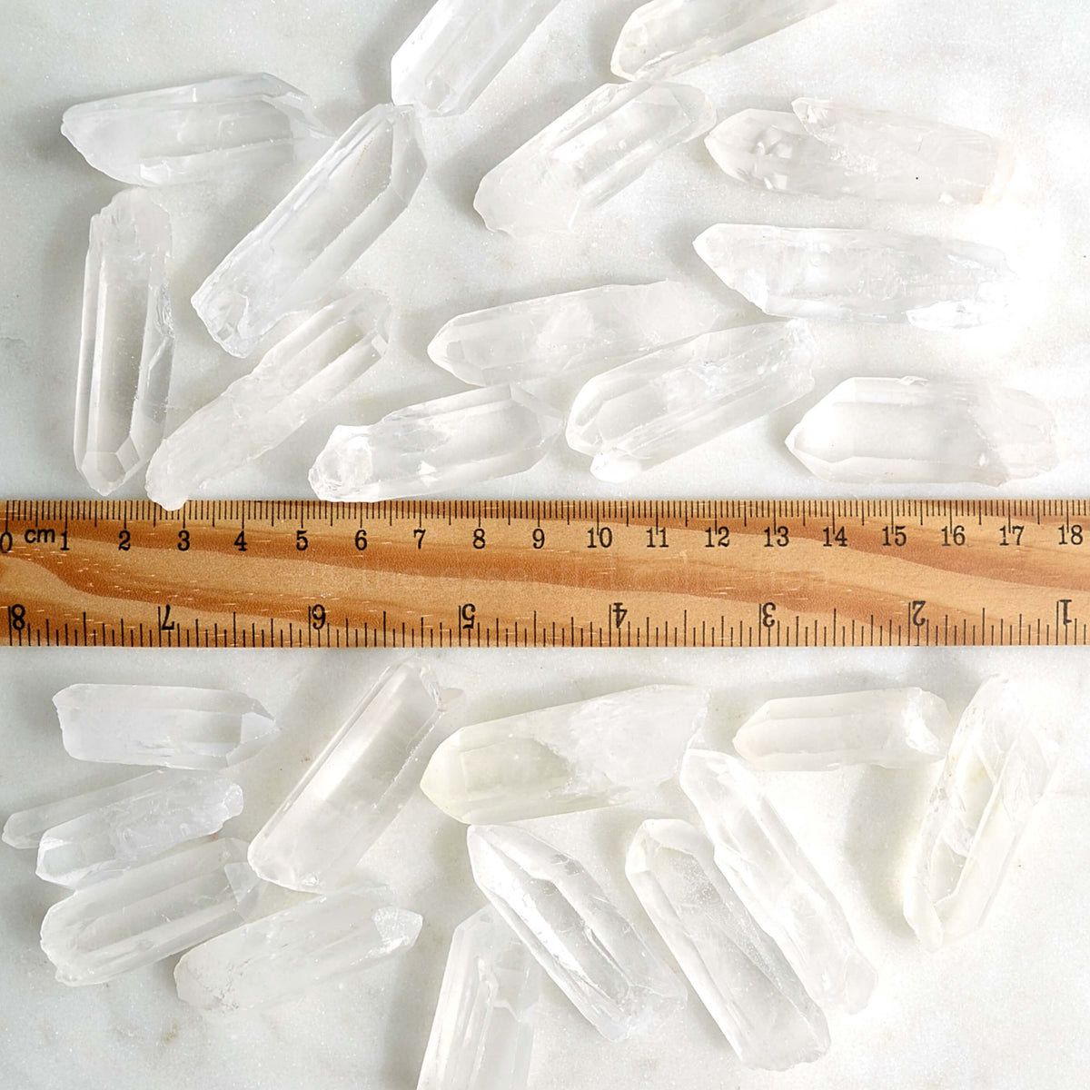 raw clear quartz natural points with ruler
