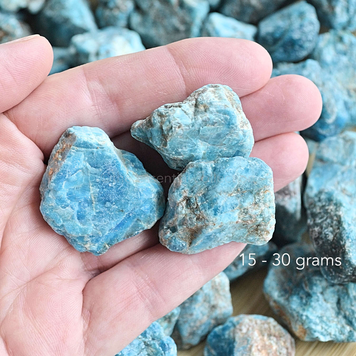 raw rough blue apatite in hand showing size