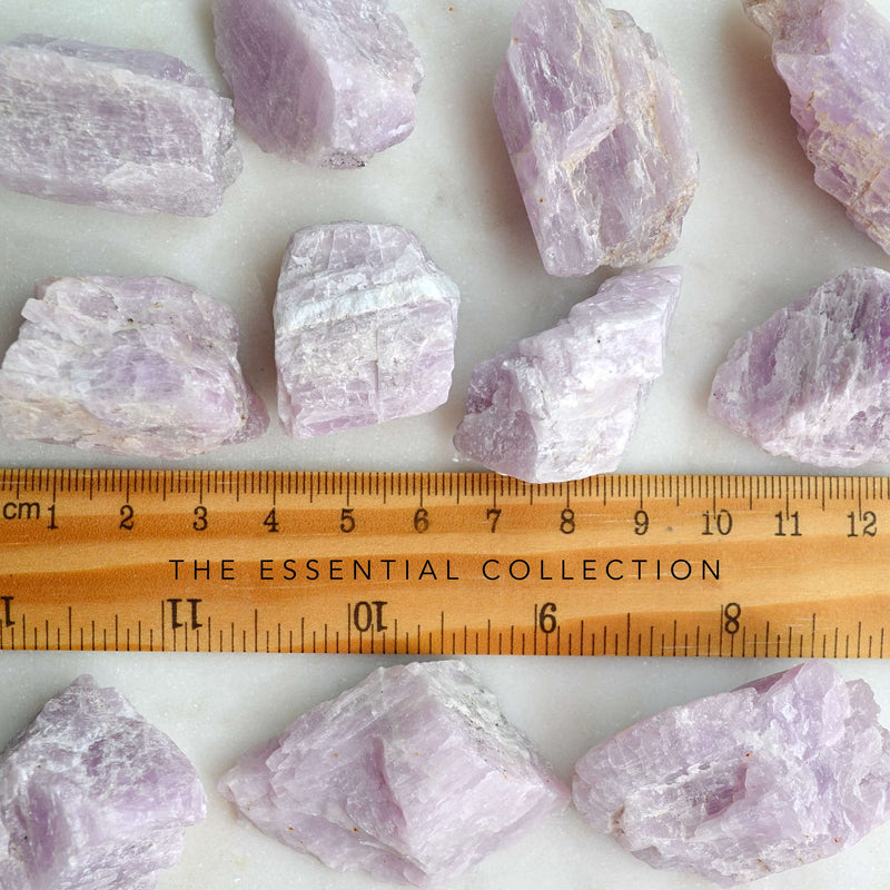 kunzite raw crystals with ruler