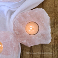raw rose quartz candle holder crystals top view