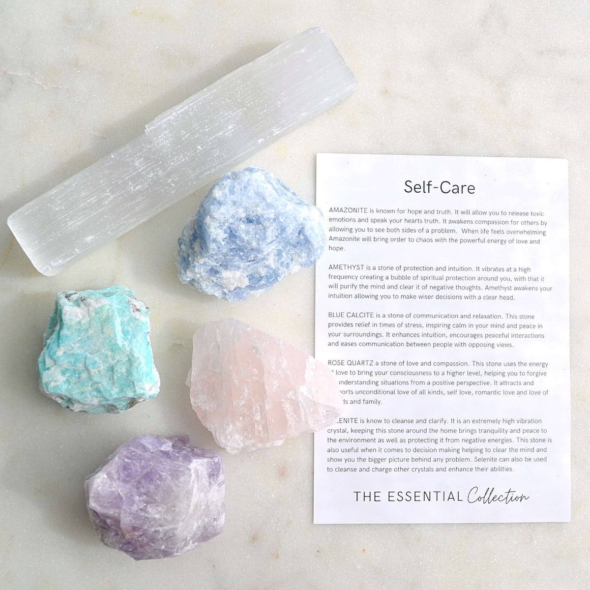 self care kit raw selenite rose quartz amethyst blue calcite amazonite