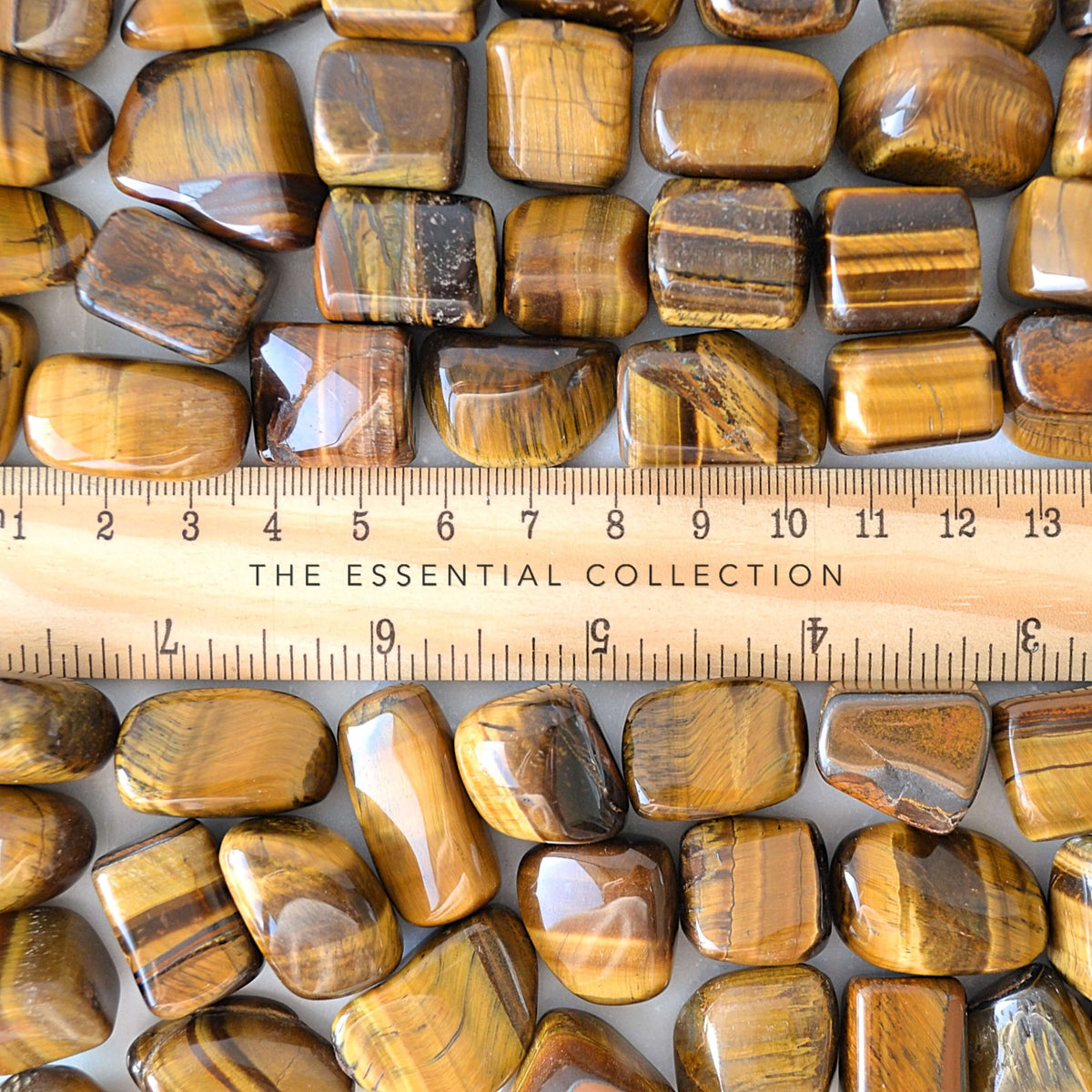 tigers eye tumbled tumbles with ruler showing size