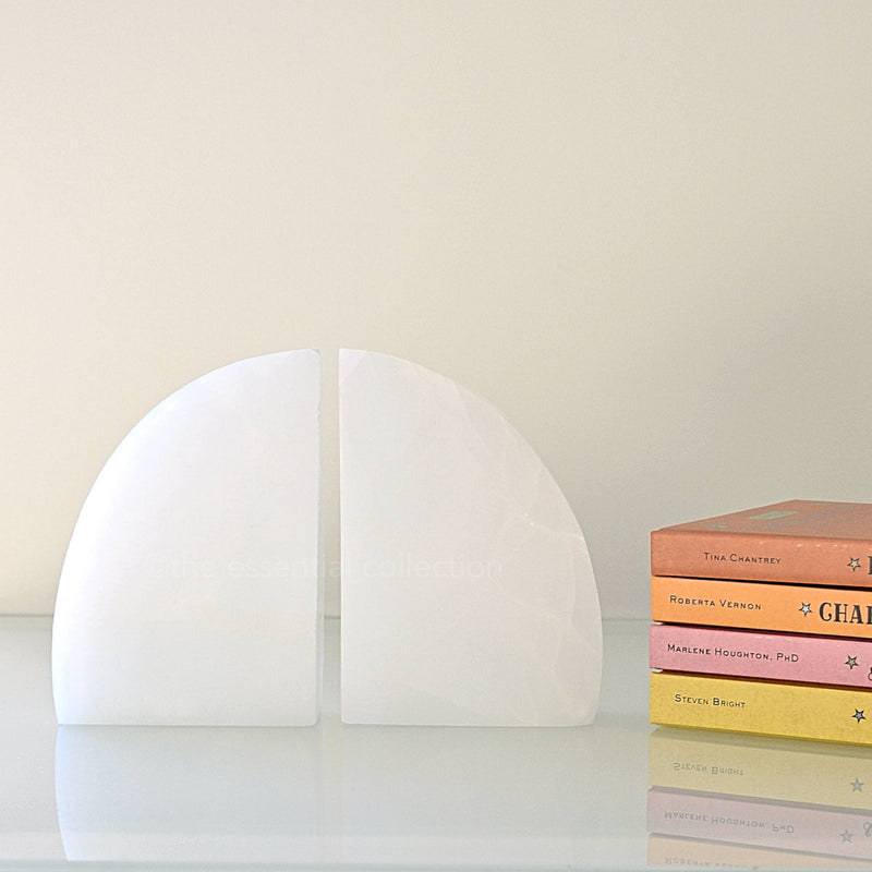 white curved selenite bookends